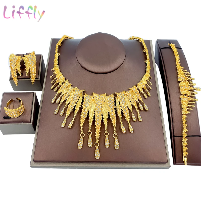 

Liffly Fashion Jewelry Sets Dubai Gold Jewelry Elegant Women Shape Big Necklace African Bridal Wedding Bracelet Earrings Ring
