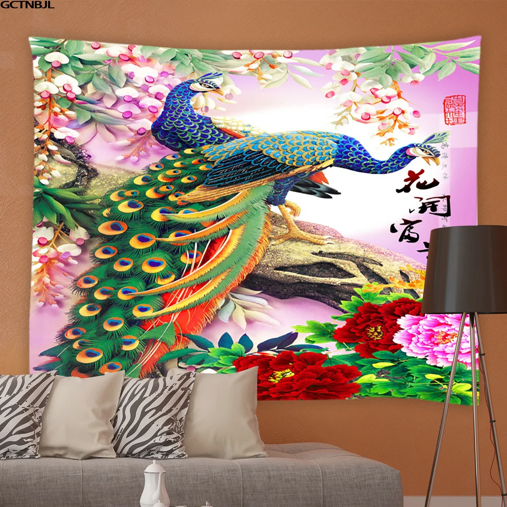 Tapiz colgante de pared de pavo real azul, hermoso p&aacute;jaro y flor, artista, hogar, sala de estar, dormitorio, fondo, pa&ntilde;o de cabecera-5