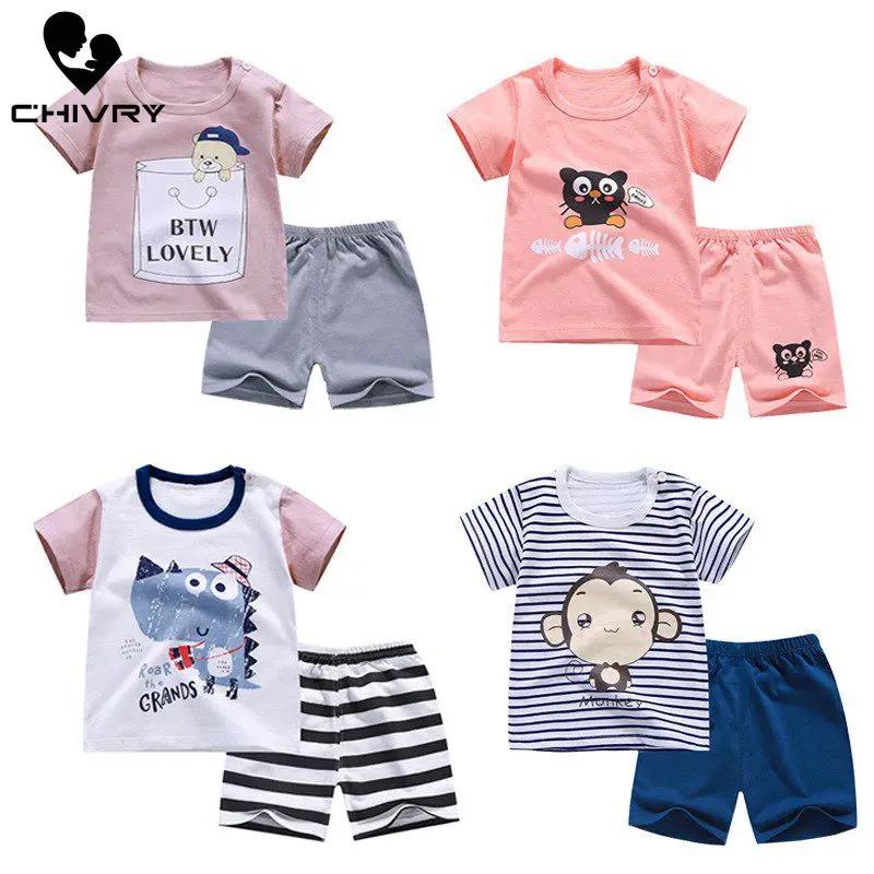 

New 2020 Kids Boys Clothing Sets Summer Cartoon Print Short Sleeve O-Neck Cute T-Shirt Tops with Shorts Baby Girls Pajama Sets