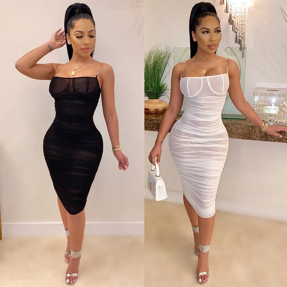 Соблазнительное Сетчатое Прозрачное платье без рукавов на бретелях однотонное