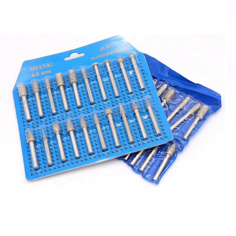 

20 PCS 6mm Shank Diamond Grinding Head Set Coated Carving Burrs Rotary Tool Bit for Heads Sanding Needles Rod