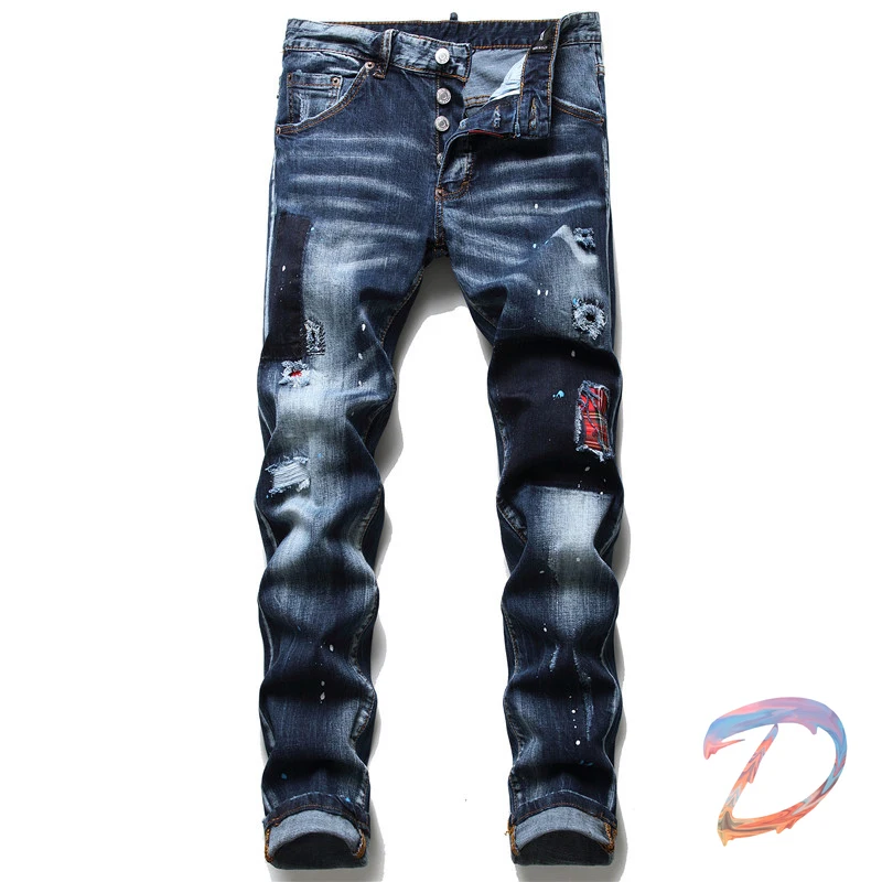 

DSQ2 Stretch Damage Hole Jeans High Quality Red Cloth Block Patch Dsquared2 Denim Pants Mens Clothing
