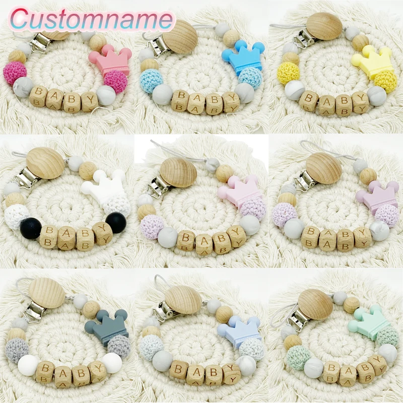 

Baby Wooden 3D Personalized Name Teether Bracelet Food Grade Silicone Chew Nurse Gift Toy Teething Pacifier Clip Name Kid Custom