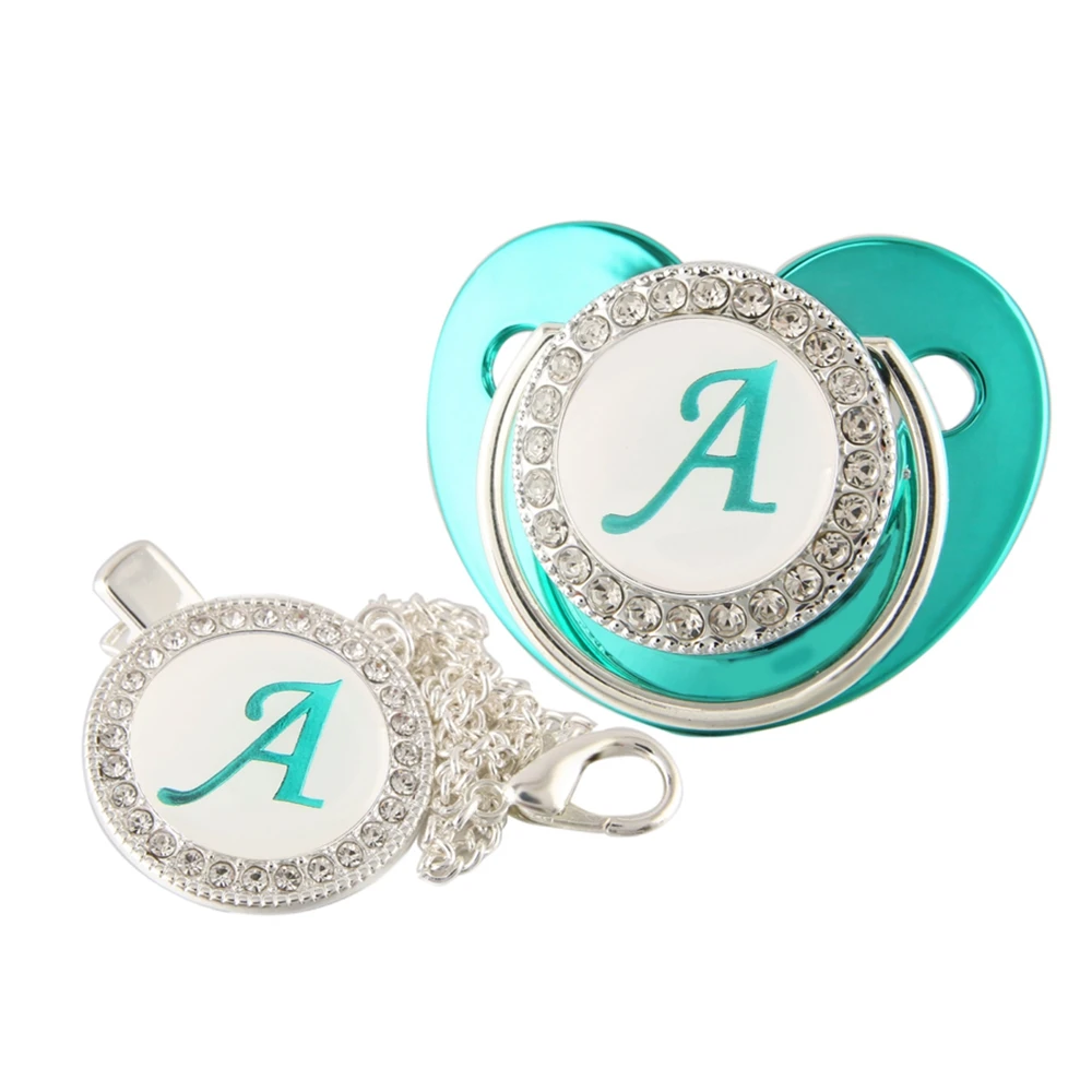 

26 Name Initial Letter Luxury Baby Pacifier With Chain Clip Newborn Metallic Teal Green Baby Dummy Soother Nipple 0-12 Months