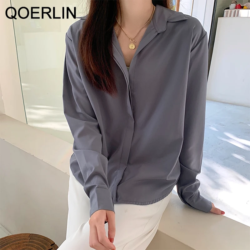

QOERLIN New Korean Style Temperament Solid Shirt Women Long Sleeve Shirt V-Neck Chiffon Shirt Workwear White Blouse Office Lady