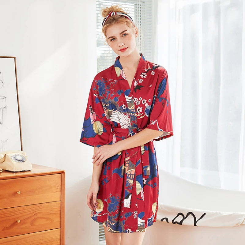 Модное женское летнее Мини кимоно халат Женская банная сорочка из вискозы юката