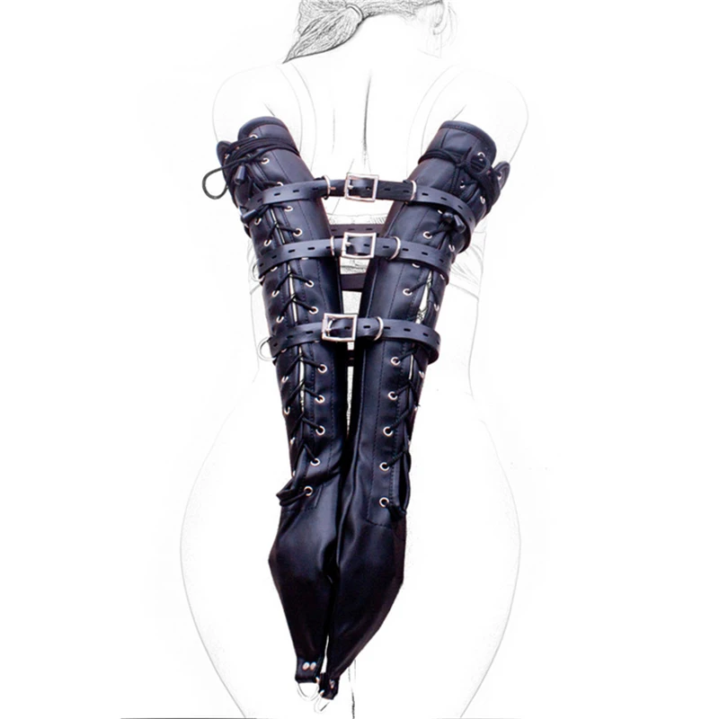 

Sex Bondage Sexy Exotic of Bdsm Black Leather Tight Straitjacket Single Armbinder Glove with Adjustable Harness Strap