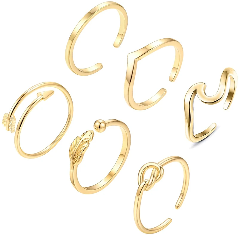 

6PCS Arrow Knot Wave Rings for Women Adjustable Stackable Thumb Open Ring Set Jewelry Type Style Model Number Metals Gift