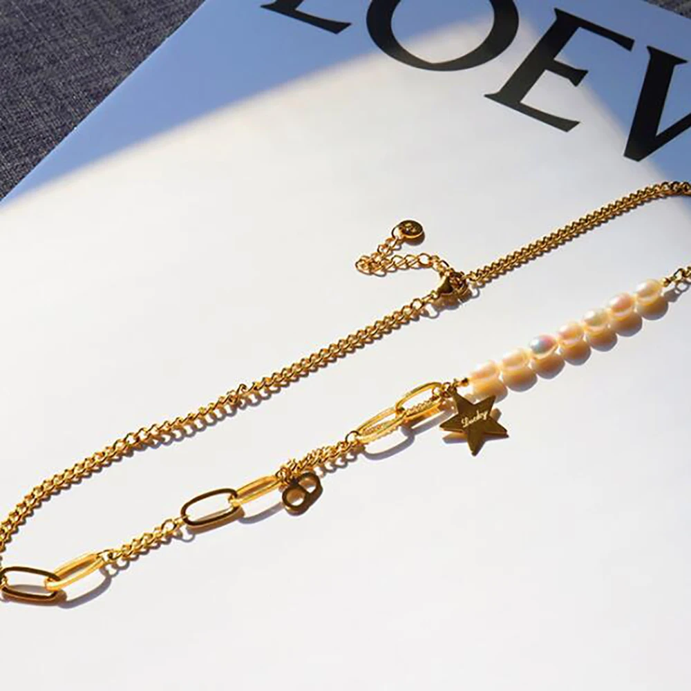 

Stainless Steel Pearl Star and Disc Pendant Necklace Women Fashion Splicing Chain Link Necklaces Gift For Him
