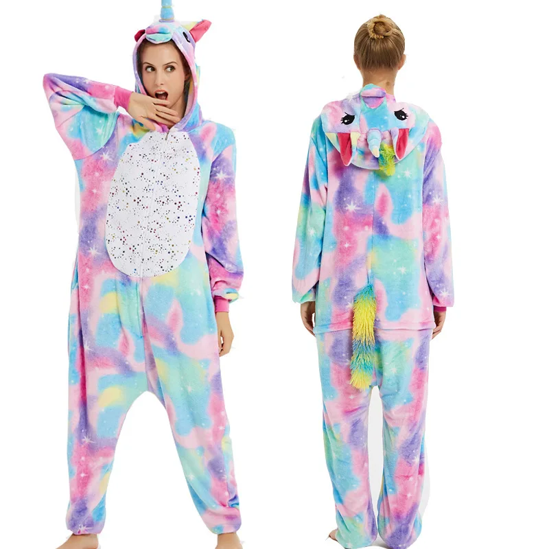 Hot stamping Рождество Пижамы Для Женщин Теплый Сгущает Зиму Пижамы Kigurumi Единорог Пижамы Синий Стежка Животных Симпатичные С Капюшоном Унисекс Взрослых Домашней Одежды - Цвет: Hot stamping