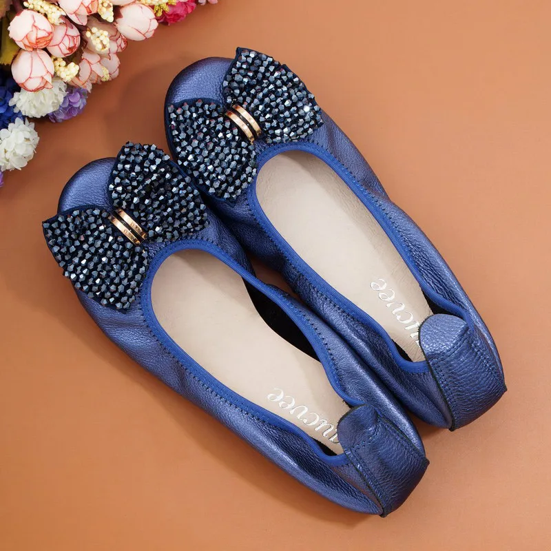 Fashion String Bead Women Shoes Slip On Flats Sweet Bow Autumn Female Cow Leather 2021 New Spring Ballet