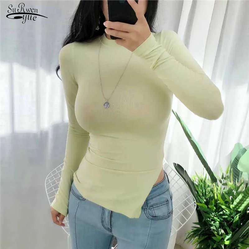 

2021 All-match Split Sexy Slim Bottom T-shirt Elegant Long Sleeve O-Neck Pullover Vintage Casual Solid Shirt Blusas Mujer 10707
