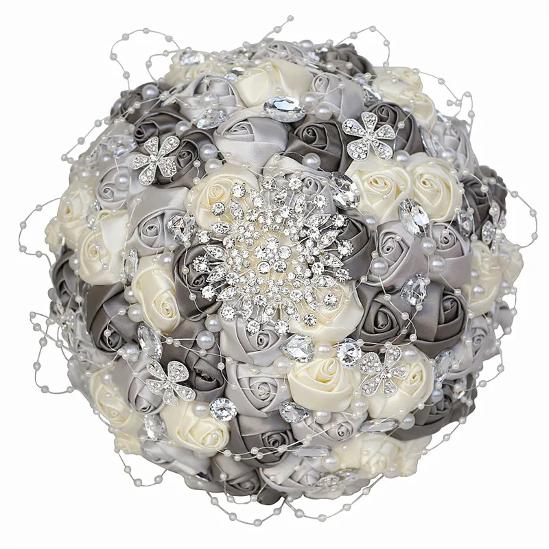 

WifeLai-A 21CMSilver Milk Gray Pearl Rhinestone New Style Bridal Bouquet Wedding Supplies 224E