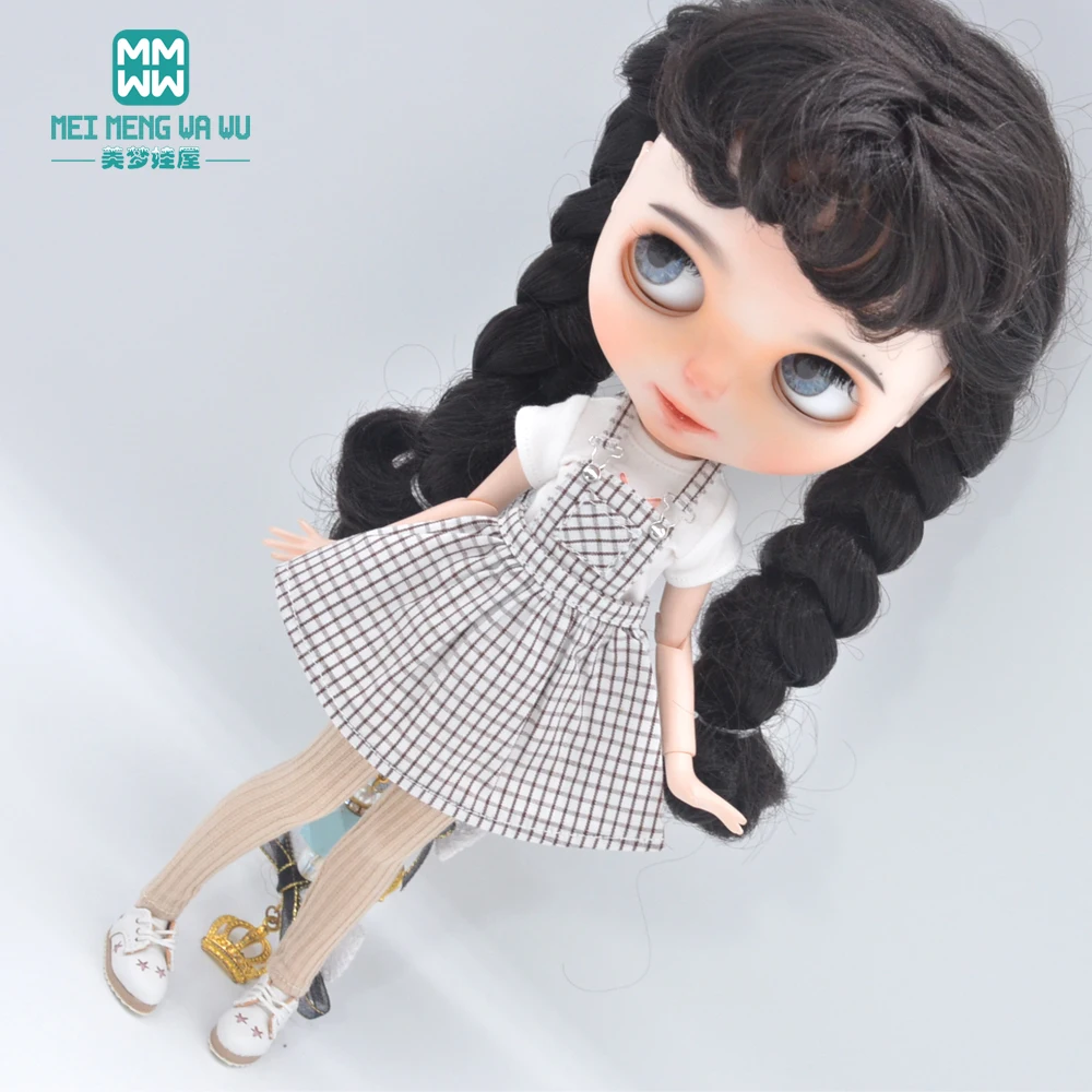 

NEW 28-30cm Blyth Doll clothes Toys Azone doll accessories Fashion plaid suspender skirt, T-shirt, leather shoes