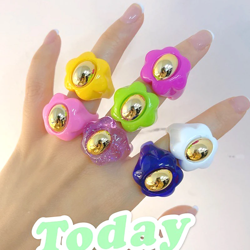 

Y2K Jewelry Candy Color Bead Flower Rings for Women Acrylic Vintage Harajuku Cute Resin Ring Charms 90s Aesthetic 2021 New