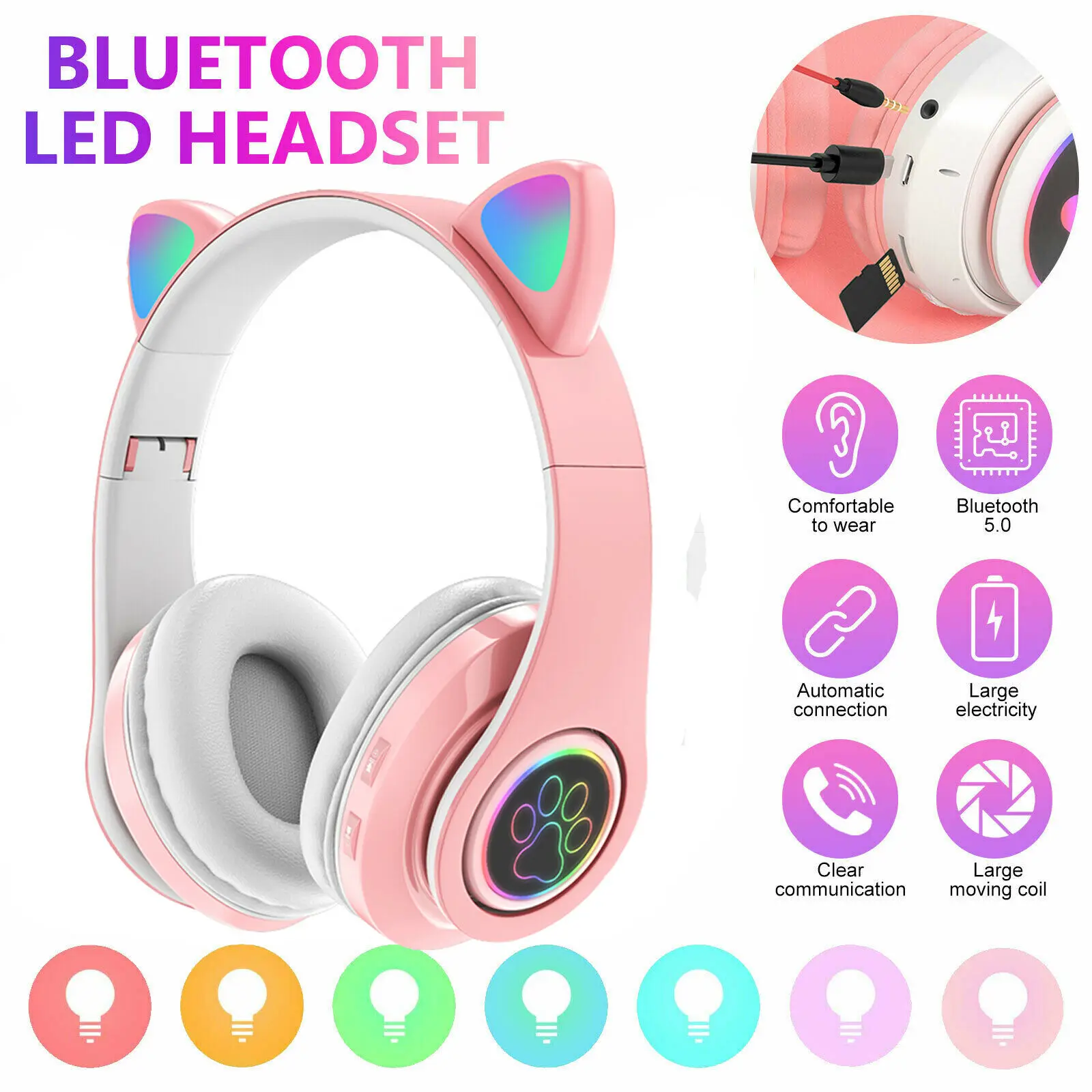 

Flashing LED Cat Ears Wireless Headphones Bluetooth Earbuds with Mic TF FM Kid Girl Stereo Music Headset Phone Earphones Gift