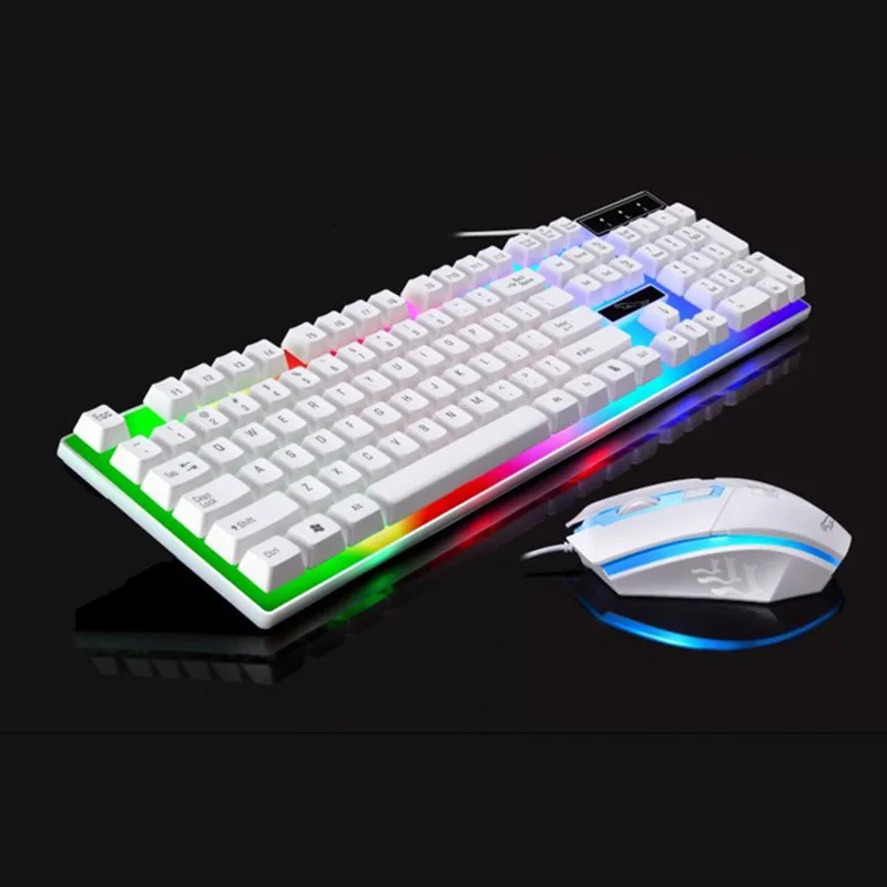 White Игровая клавиатура с подсветкой и мышь Проводная клавиатура РОССИЯ комплект геймера Бесшумная игровая мышь - Цвет: White