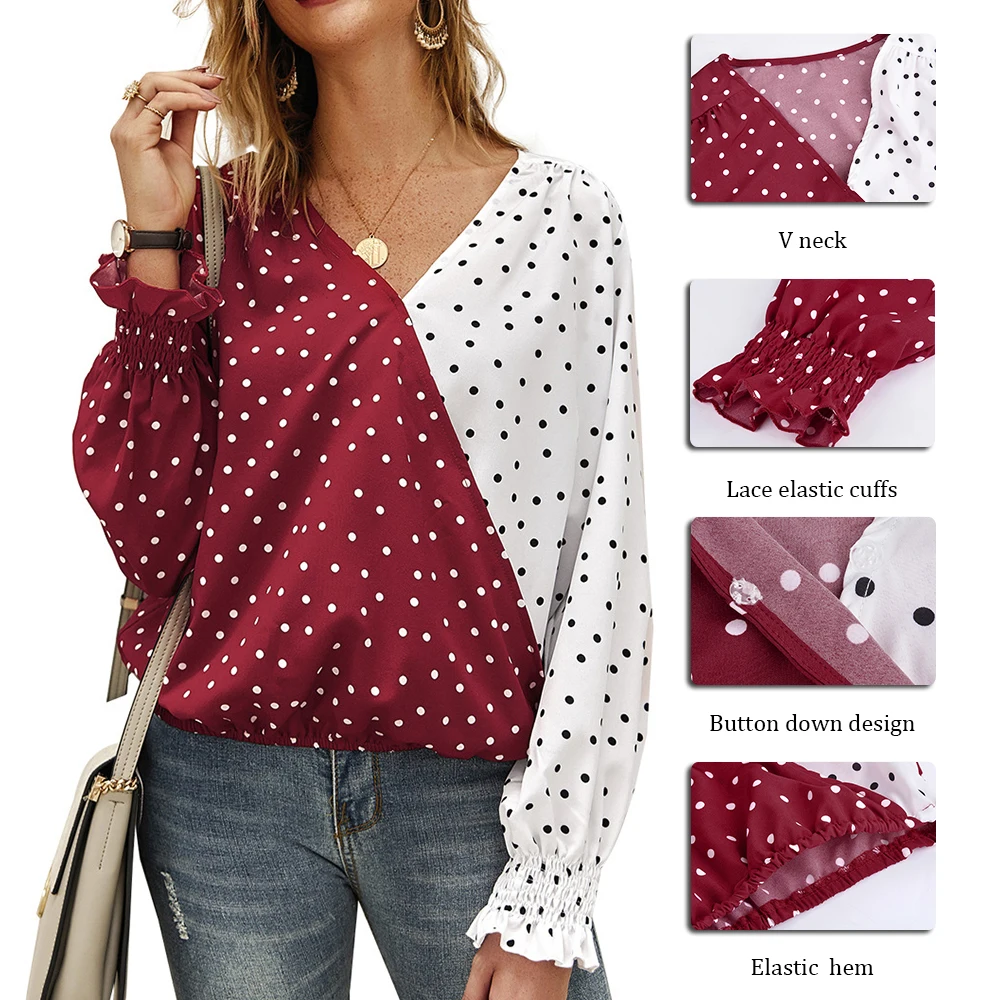 Женская Лоскутная блуза в горошек повседневные топы v-образный вырез длинный