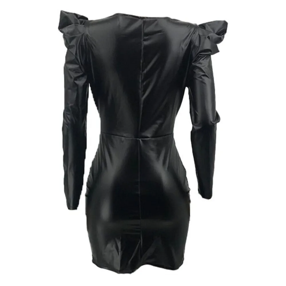 Сексуальное платье с v-образным вырезом и длинными рукавами-фонариками черное