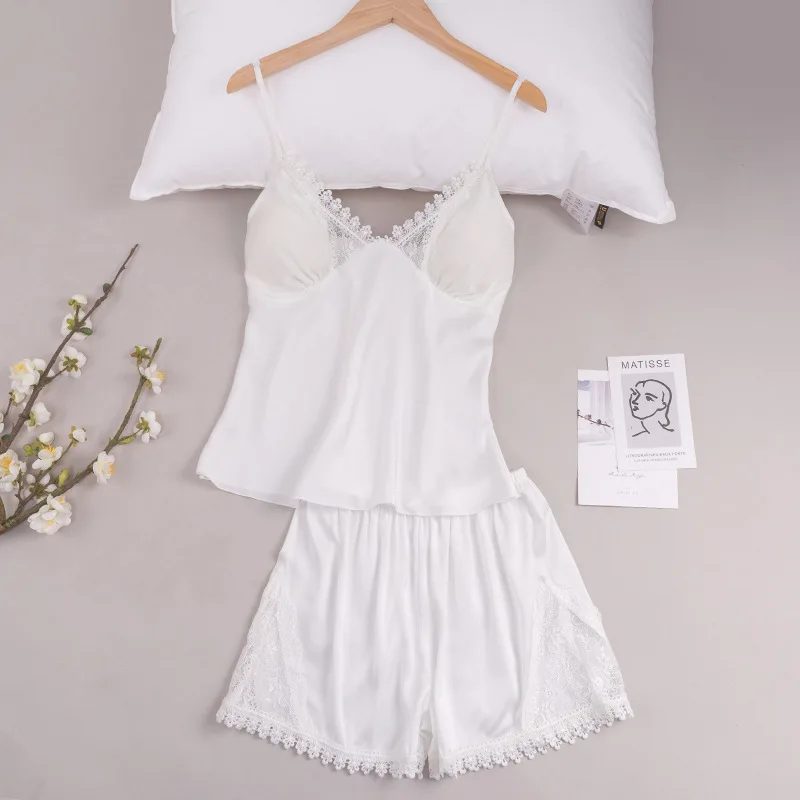 Roseheart New Women's Sleep Pajama Sets Sleepwear Nightwear Short Suits Lace Faux Silk Nightgown 2 Pieces Lingerie Backless