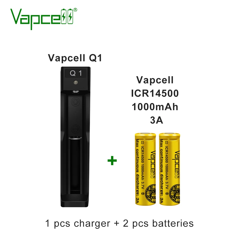 Бесплатная доставка батарея Vapcell 14500 1000 мАч 3A и зарядное устройство Q1 для