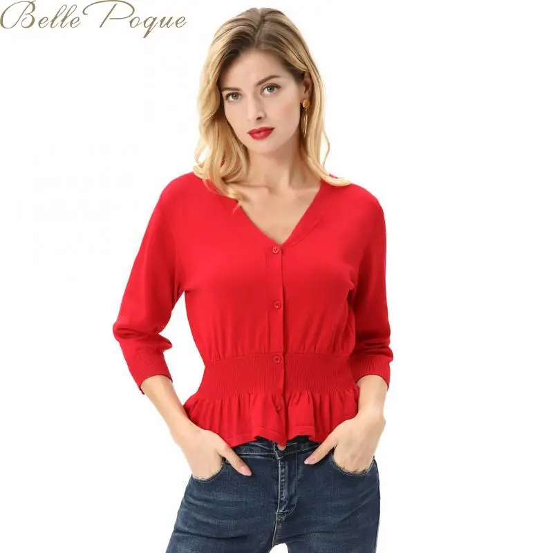 2020 весенний вязаный кардиган женский тонкий с баской 3/4 рукав v образный вырез