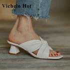 Vichelo Горячая натуральная кожаная женская обувь на тонком высоком каблуке с открытым носком с украшением в виде банта Летняя обувь без шнуровки на среднем каблуке; Шлепанцы; Вечерние с открытыми пальцами; Женские мюли; Босоножки L71