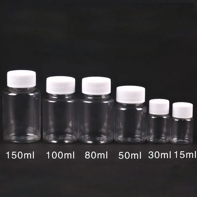 

100PCS 15ml/20ml/30ml/100ml Plastic PET Clear Empty Seal Bottle Solid Powder Medicine Pill Vial Container Reagent Packing Bottle