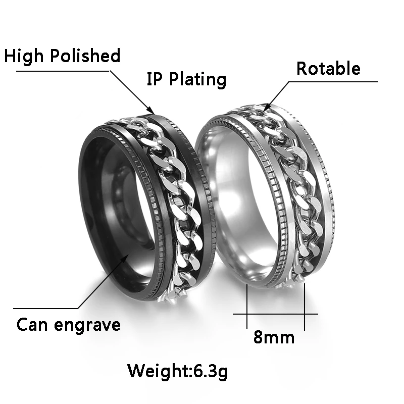 ELSEMODE Punk 8mm Spinner Chain Men Rotatable Ring Black Blue Stainless Steel Cool Jewelry Party Gift Anel | Украшения и
