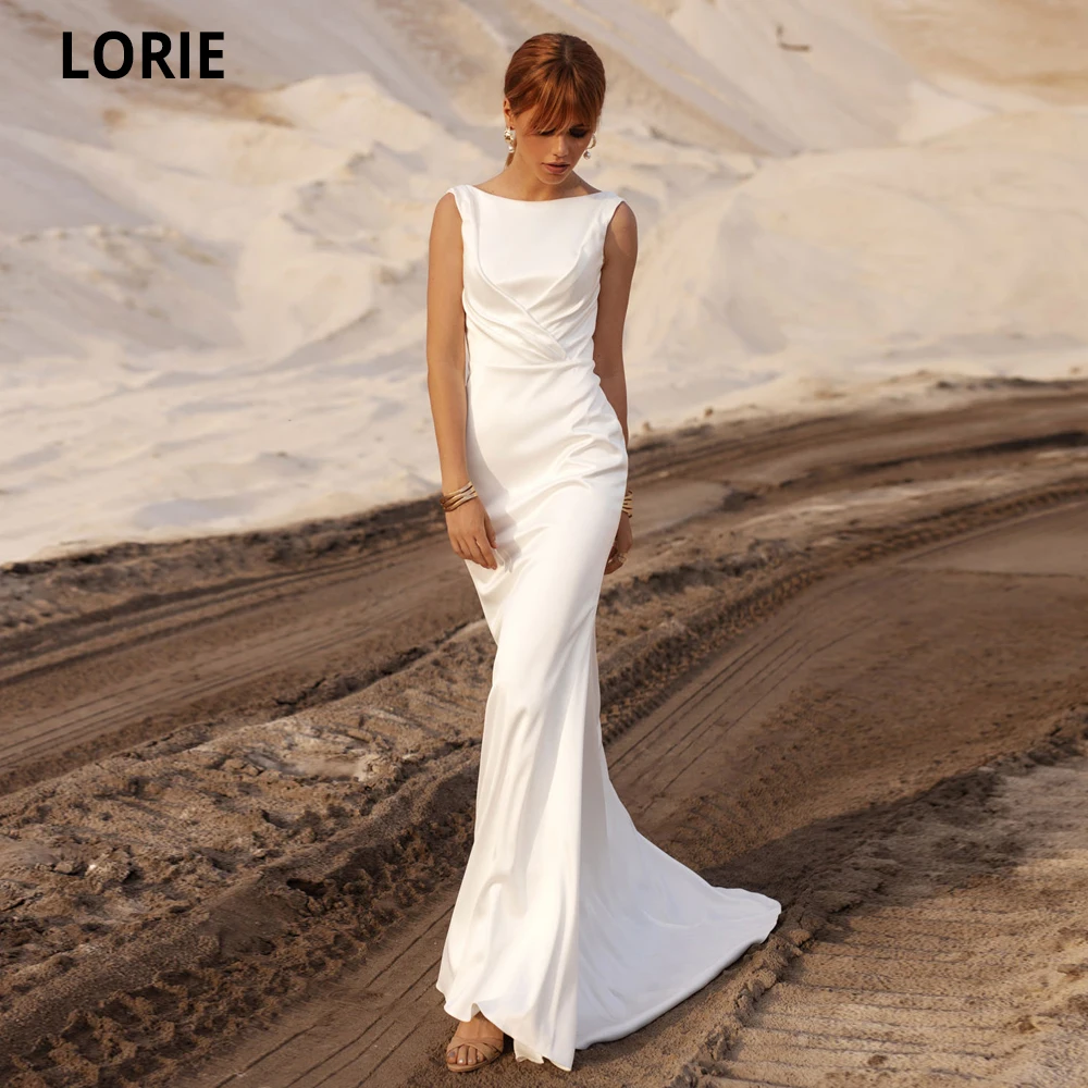 

LORIE 2020 Simple Beach Wedding Dresses Mermaid Sexy Open Back Sleeveless Satin Bridal Gowns Country Party Dresses Sweep Train