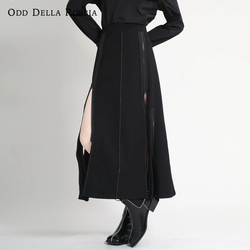 

OddDellaRobbia Spring New Solid Color High Waist Zipper Bifurcated Mid-Length Black Asymmetrical A-Line Skirt Women 1967
