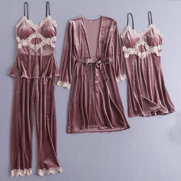 

4PCS Robe Set Women Pajamas Suit Sexy Lace Sleepwear Velour Kimono Gown Nightwear Casual Pyjamas New Bathrobe Homewear