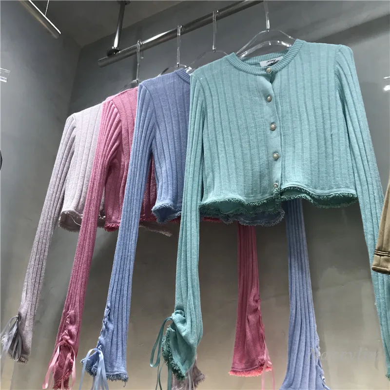 

Summer Thin Cardigan Women 2021 New Pearl Buckle Sun Protection Knitted Coat Short Strap Flared Sleeves Lady Top