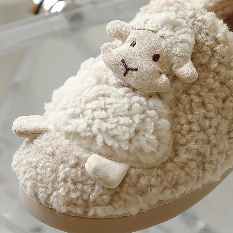 Plush Sheep Cartoon Cotton Slippers Wrapped Root Winter Ladies Non-slip hick Bottom Warm Couples Indoor Home Flat Slippers Women