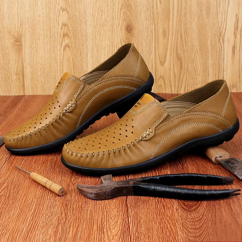 

2021 New Summer Fashion Men's Casual Shoes Loafers Genuine Leather Cow Hollow Breathable Shoe Man Slip-On Platform Shoes For Men