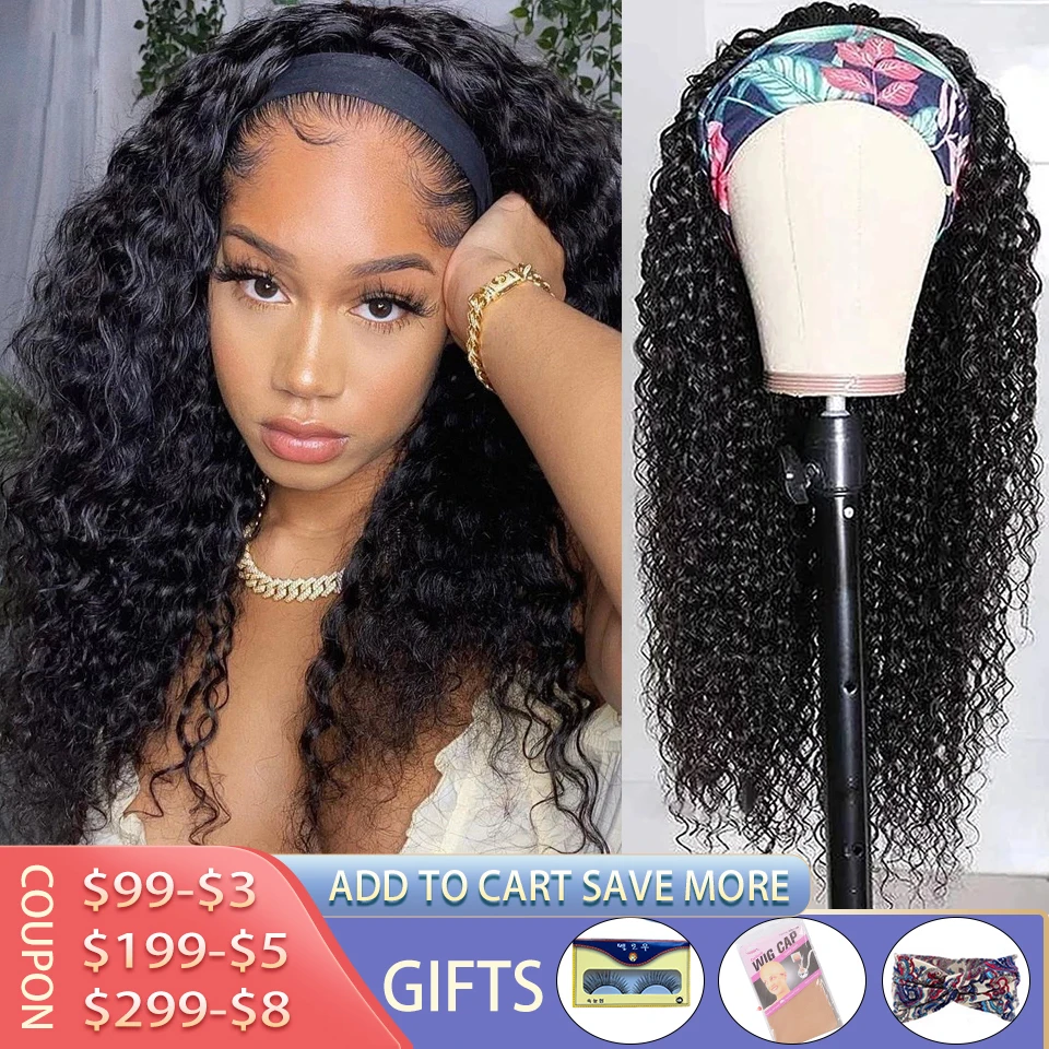 

Headband Wigs Human Hair Wig For Black Women Brazilian Curly Human Hair Wigs Full Machine Made Wig Scarf Wig With Headband
