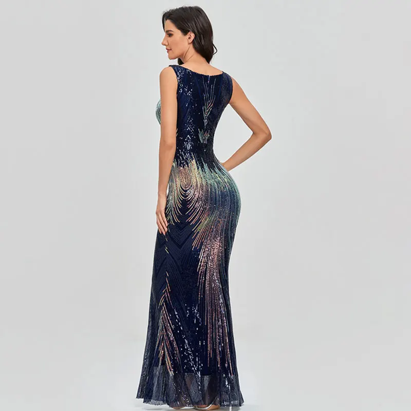 

Spot New 2021 Spring And Summer Sexy Sequins Plus Size Women's High Waist Round Neck Fishtail Party Evening Dress Women