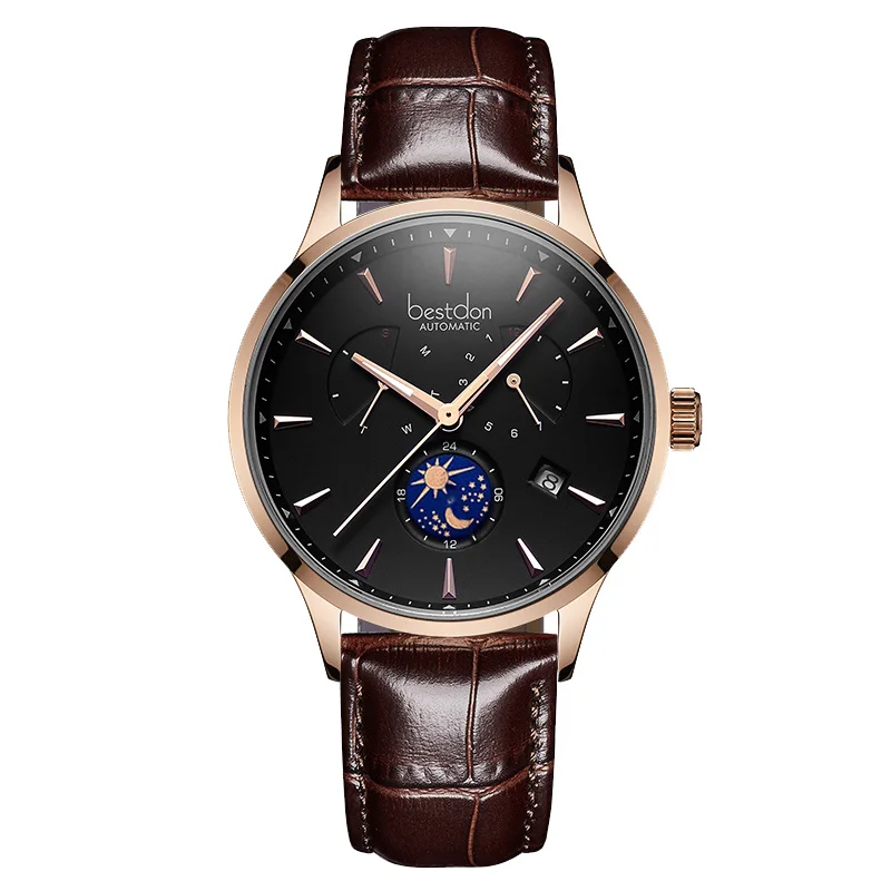 

Bestdon Switzerland Luxury Brand Mechanical Watch Men Automatic Moon Phase Blue Leather Wristwatch Man Relogio Masculino 2019