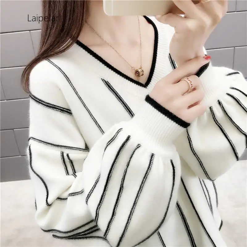 

Laipelar New Autumn Winter 2020 Knitted Sweater Women Loose Wild Fashion V Neck Striped Pullover Patch Pull Femme Lady Top