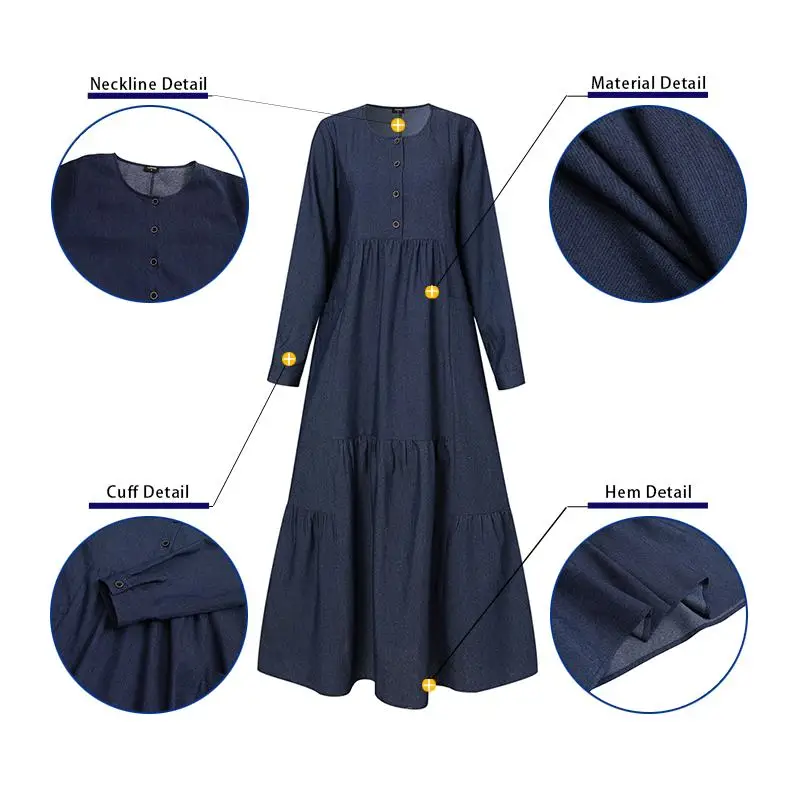 

S-5XL Women Long Sleeve Maxi Dress VONDA 2021 Ladies Casual Pleated Long Maxi Dresses Loose Solid Demin Sundress 5XL Party Robe