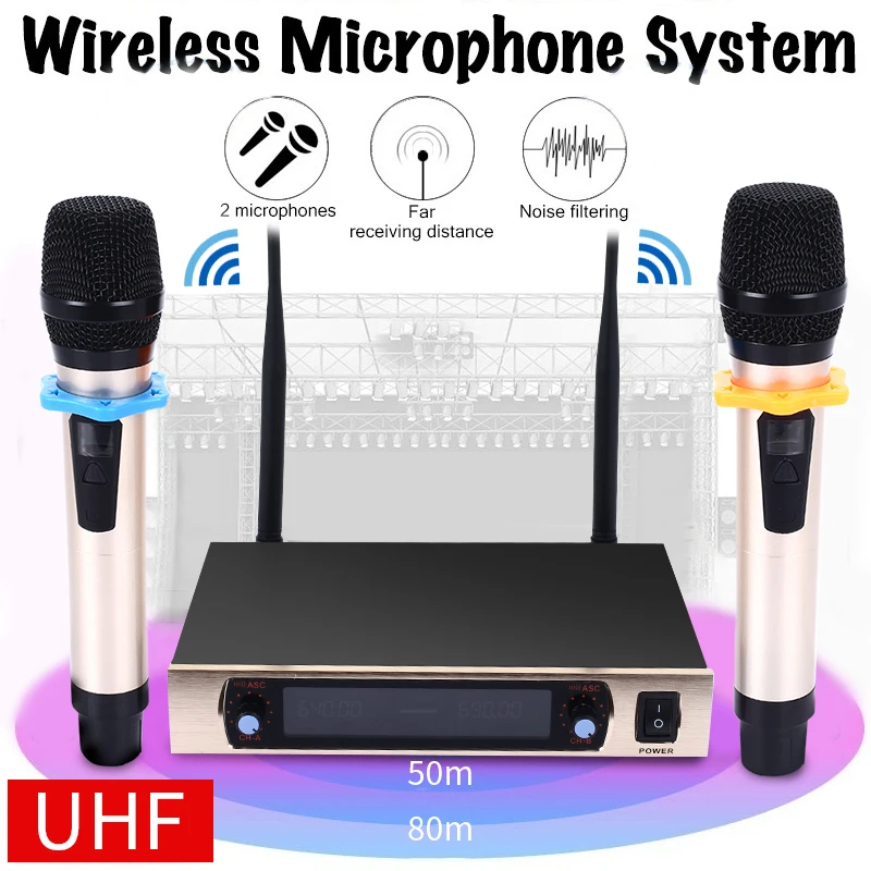 

Универсальный УВЧ беспроводной микрофон, ручной 2-канальный микрофон с приемником для караоке/деловых встреч, 1 в 2