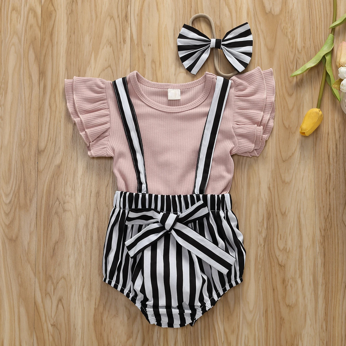 

Emmababy Newborn Baby Girl Clothes Summer Solid Color Knitted Cotton Tops Strap Bib Striped Shorts Headband 3Pcs Outfits Sunsuit