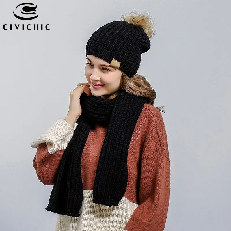 CIVICHIC Women Autumn Winter Knit Hat Scarf 2 PCS Warm Set Pompon Beanies Skullies Crochet Cap Thick Headwear Casual Shawl SH143 |