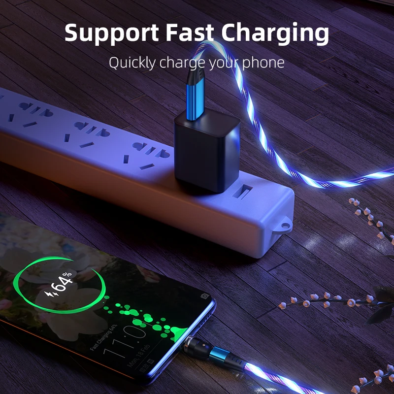 Магнитный кабель со светодиодной подсветкой 1 м Micro USB Type C 3 А для быстрой зарядки
