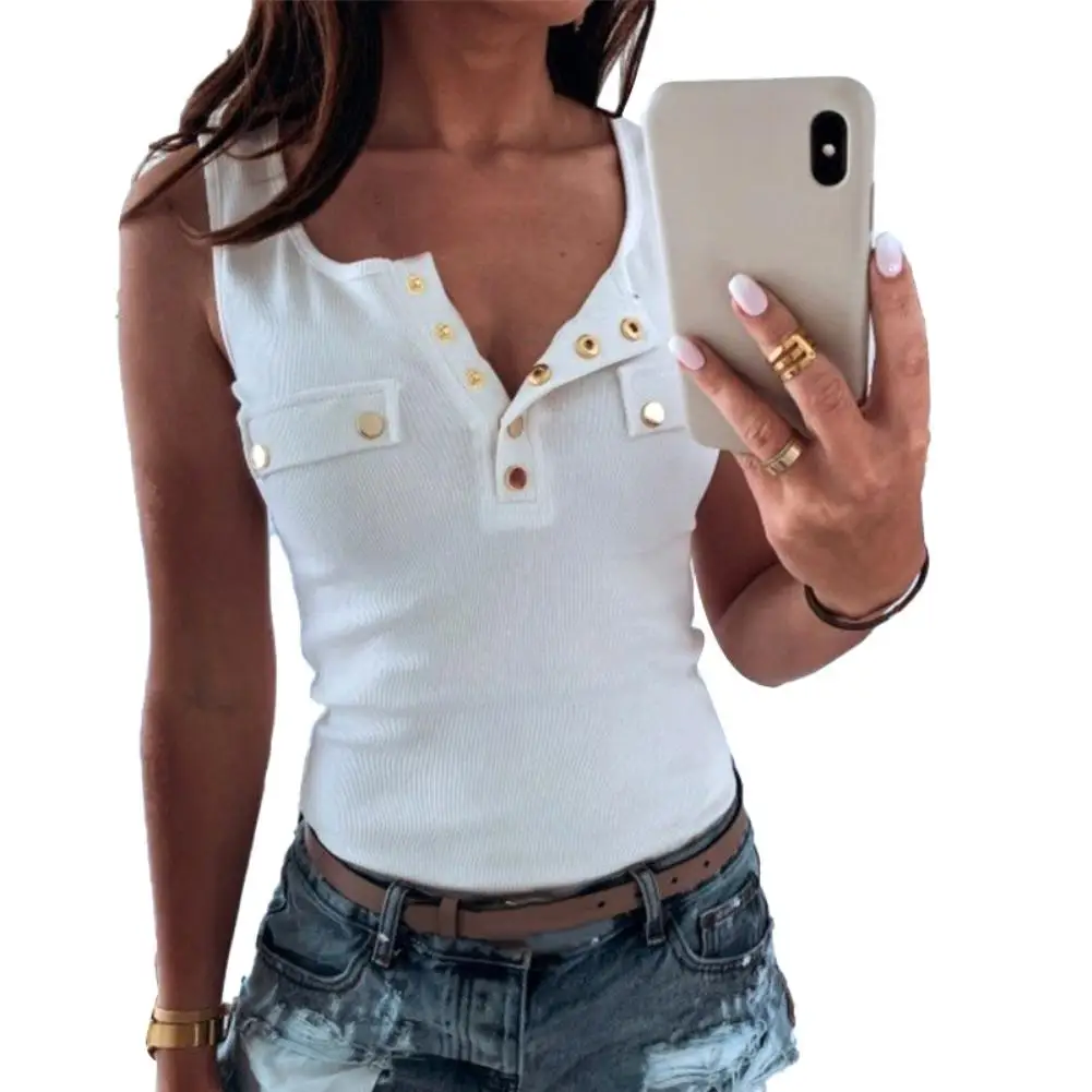Женская блузка в рубчик с V-образным вырезом без рукавов | одежда