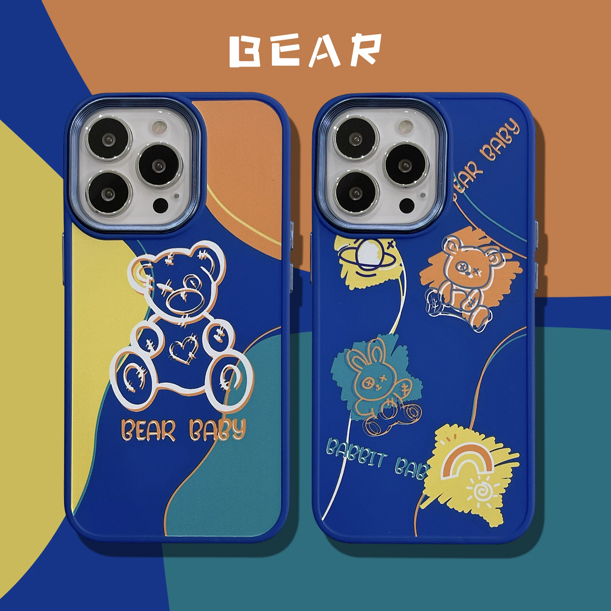 

Cute Cartoon Lens Painted Electroplating Skin Sensation Klein Blue Bear Phone Case For iPhone11 12 13 ProMax XR Xsmax Cover