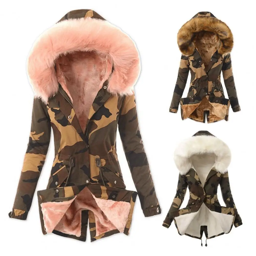 

Pockets Classic Fleece Lined Camouflage Print Winter Jacket Waist Drawstring Winter Jacket Buttons Closure for Office
