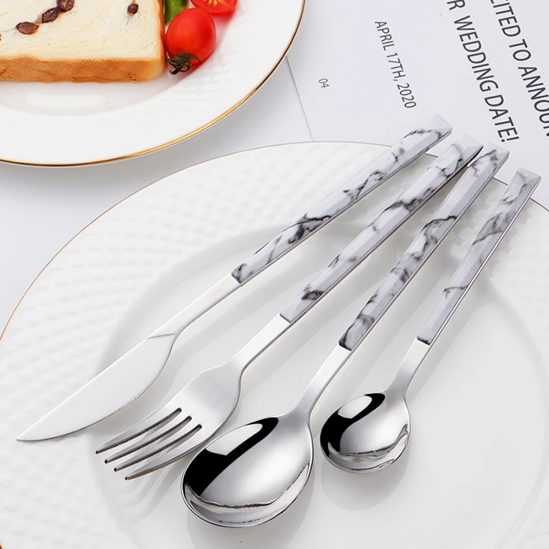

Cutlery Sets Stainless Steel Tableware Set Glossy Wood Silver Dinnerware Sets Western Food Knife Fork Teaspoon service 6Person