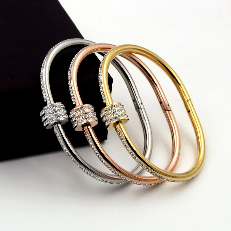 Модное розовое золото цвет цилиндр с тремя рядами грязи Кристалл браслет из