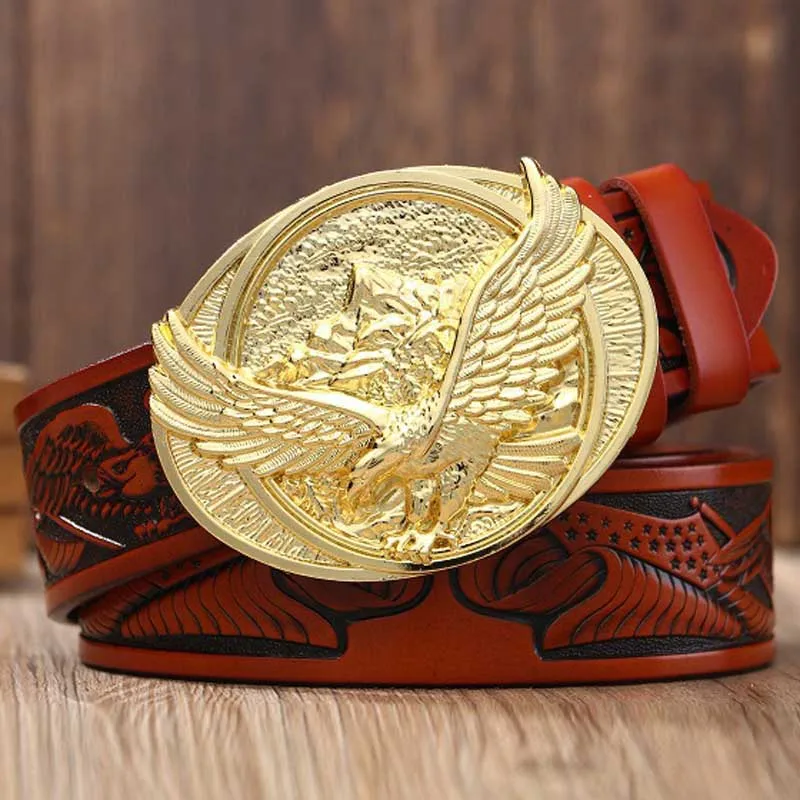 Gold buckle Orange Винтажный Мужской ремень с Орлиной пряжкой из натуральной кожи, ремень из воловьей кожи, дизайнерские ремни с пряжкой для мужских джинсов, поясной ремень, подарки - Цвет: Gold buckle Orange